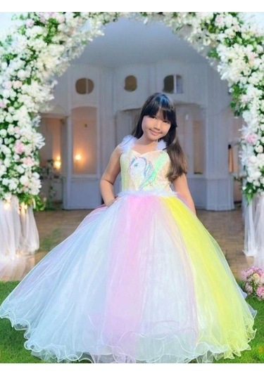 Kız Çocuk Unicorn Etekleri Gökkuşağı Tarlantanlı Abiye Elbise-15466 Çok Renkli
