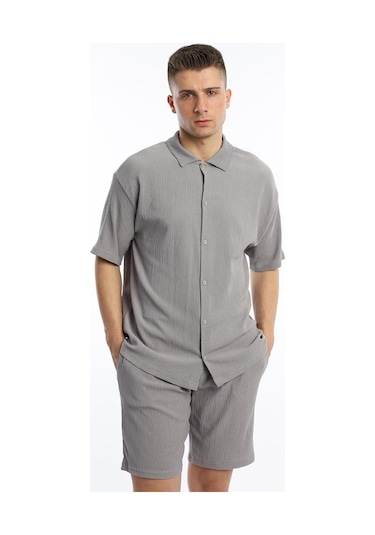 Polo State Erkek Crinkle Kumaş Gömlek - Şort Takım - Gri