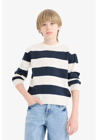 Defacto Erkek Çocuk Bisiklet Yaka Çizgili Triko Kazak C1710a825auer113 Ekru