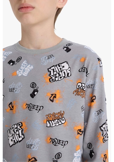 Defacto Erkek Çocuk Pijama Takımı Desenli Uzun Kollu Üst Uzun Alt F1892a825augr265 Gri
