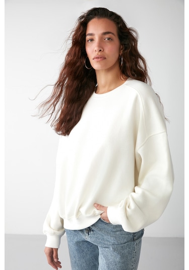 Vaneltına  Kadın Içi Polarlı 3 Iplik Organik Pamuk Oversize Basic Bisiklet Yaka Vanilya Sweatshirt