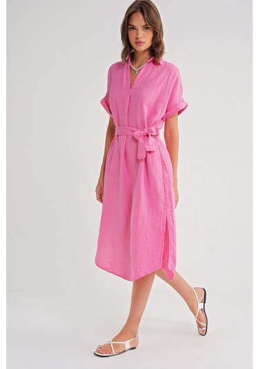 4720 Kadın Pile Detaylı Bağlamalı V Yaka Müslin Elbise Pembe Pembe