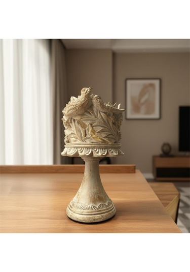 Dekoratif Polyester Kuşlu Ayaklı Şamdan Mumluk Krem Eskitme 23x11x10 Cm Çok Renkli