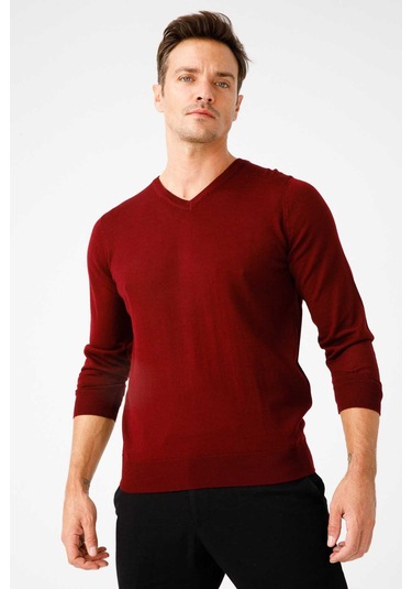 Desen Triko Erkek Basic V Yaka İnce Triko Kazak 02421602 Bordo Bordo