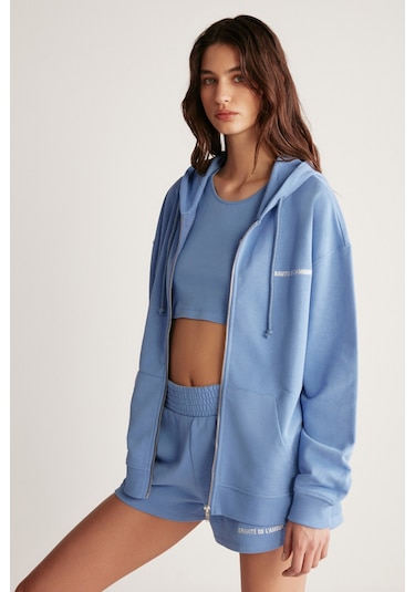 Ametıs Kadın Oversize Organik Pamuklu Metal Fermuarlı Kapüşonlu Mavi Sweatshirt