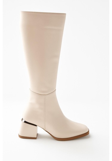 Kadın Topuk Detaylı Yandan Fermuarlı Uzun Çizme Bej