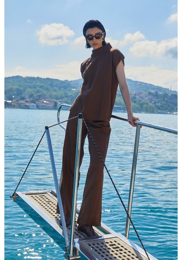 Düğme Detaylı Keten Takım Kahverengi Kahverengi