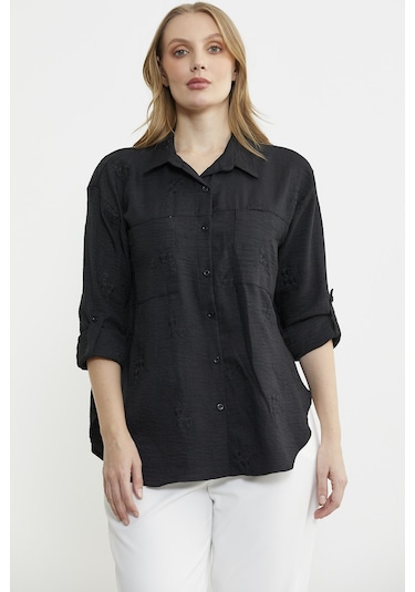 Çiçek Nakış Detaylı Cepli Gömlek - Siyah Siyah