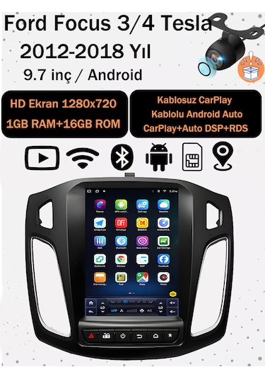 Ford Focus 3/4 2012-2018 Uyumlu 9.7 İnç Tesla Tarzı Ekran 1gb Ram 16gb Rom Android 14 Multimedya Kablosuz Carplay Kamera Navigasyon 9.7''