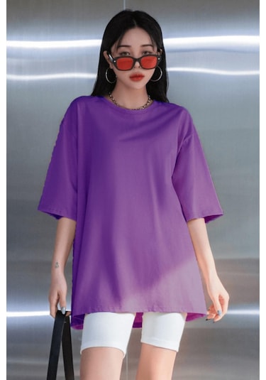 Mor Basic Düz Baskısız Oversize Salas Boyfriend Kadın T-Shirt Mor