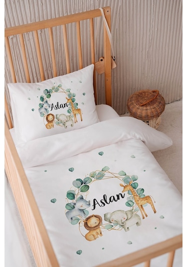 %100 Pamuk Saten Isme Özel Isimli 100x150 Bebek Yatak Nevresim Seti Safari 1