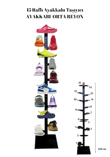 150 Cm Yükseklik 15 Adet Ayakkabı Raflı- Ayakkabı Reyonu-ayakkabı Siyah
