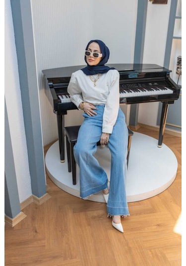 1166-parçalı Denim Bol Paça Pantolon Mavi Mavi