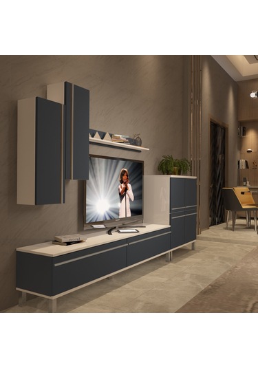 Decoraktiv Eko 6 Mdf Std Krom Ayaklı Tv Ünitesi Tv Sehpası Beyaz - Antrasit