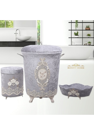 Lisa Gri 3Lü Kadife Banyo Kirli Çamaşır Sepeti Seti Gri