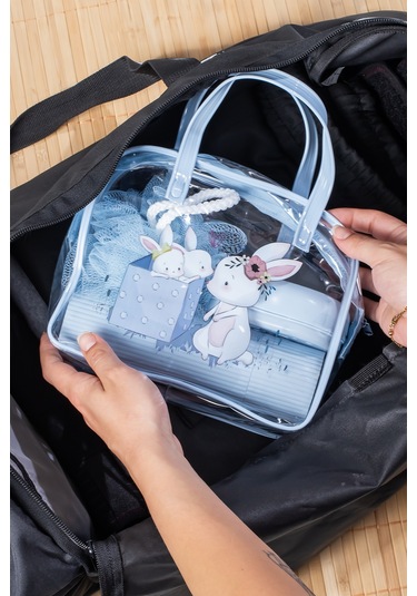 Porsima 3144 Tavşan Figürlü Seyahat Seti - Diş Fırçası Kutusu Banyo Lifi Sabun Kutusu Seyahat Çantası Mavi Mavi