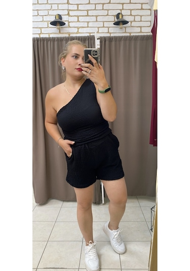 Tuba Toptaş Gofre Şort Lastikli Bel Siyah