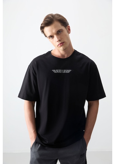 Tommy Life Siyah %100 Pamuk Kalın Yumuşak Dokulu Oversize Fit Baskılı Erkek T-shirt - 88356 Siyah