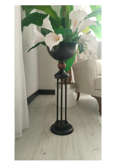 Ayaklı Kuru Çicek Saksısı Siyah Statik Boyalı Ahşap Top Detaylı 20-25 cm
