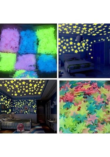 100 Adet Karışık Renk Fosforlu Yıldız Duvar Tavan Süsleri Çocuk Odası