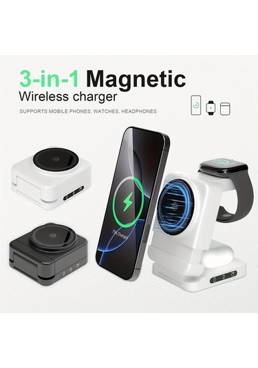 Topshop1 Katlanabilir Kablosuz Sarj Cihazi 3u 1 Arada Cok Fonksiyonlu Hizli Siyah Telefon Sarj Aleti