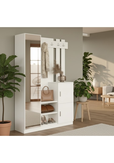 Robin Home Aynalı Vestiyer Portmanto Ayakkabılık Beyaz Beyaz