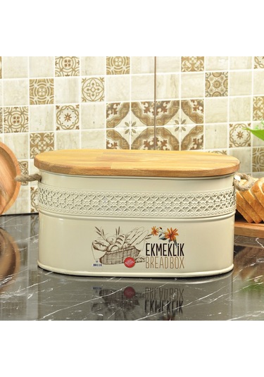 Ferforje Ahşap Kapaklı Kesme Tahtalı Ekmeklik Beyaz