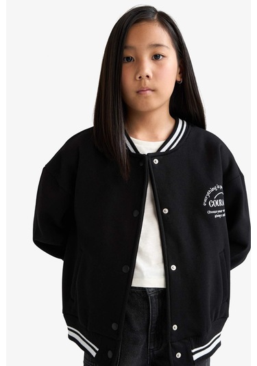 Defacto Kız Çocuk Okula Dönüş Slogan Baskılı Bisiklet Yaka Kalın Sweatshirt Kumaşı Hırka F2194a825aubk81 Siyah