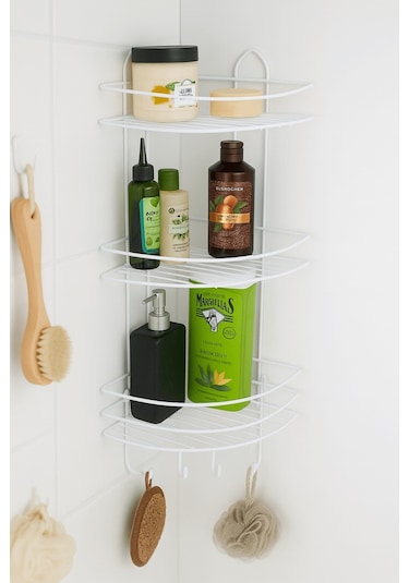 Paslanmaz Beyaz Yapışkanlı Banyo Köşeliği Düzenleyici, Şampuanlık, Duş Rafı 3 Katlı - 4 Kancalı - Ek-03 Beyaz