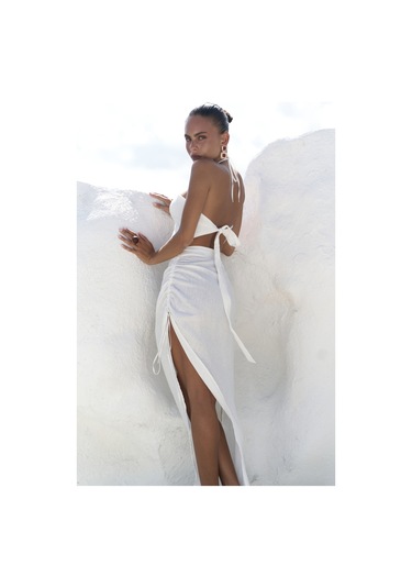 Abrossa Boyundan Bağcıklı Asimetrik Ekru Keten Elbise Ekru