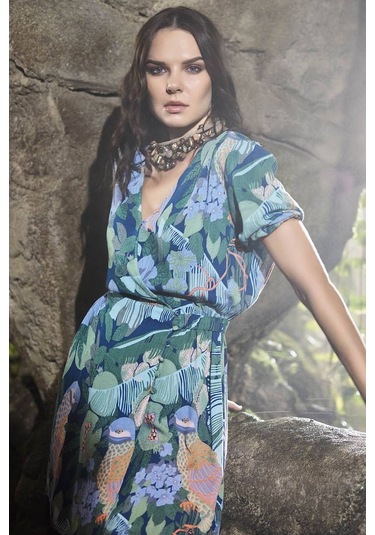 Monamise Kadın Petrol Mavisi Kruvaze Yaka Mini Elbise 21007 Mavi