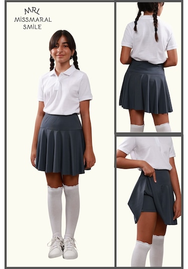 Kız Çocuk Okul Etek Antrasit/ Gri Yüksek Bel Içi Şortlu Okul-oyun-spor-etkinlik Eteği Antrasit