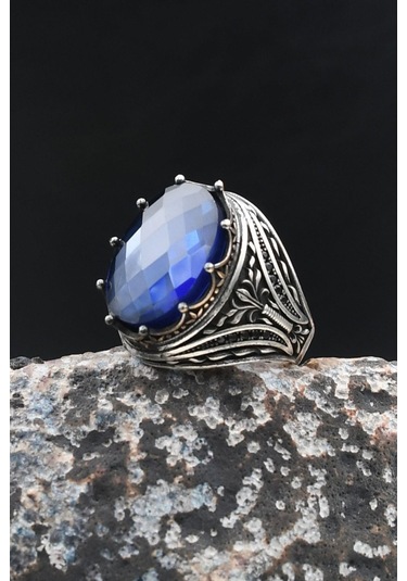 925 Ayar Gümüş Erkek Yüzük Lacivert Zirkon Taşlı 902016 Gümüş