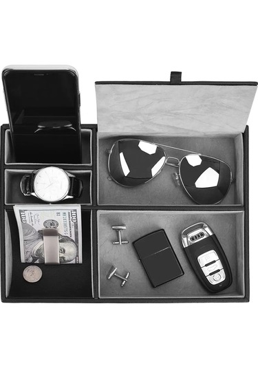 Qingmipy Deri Çok Bölmeli Aksesuar Organizatörü - Cüzdan, Takı, Anahtar Saklama Tepsisi Siyah