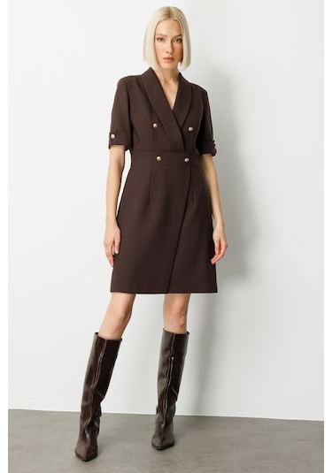 Ekol Kadın Kruvaze Yaka Süs Düğmeli Elbise 4017 Kahverengi Kahverengi