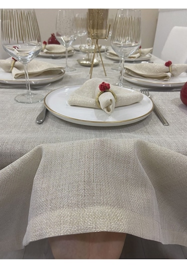 Keten Görünümlü Simli Linen Masa Örtüsü Gold 13 Parça