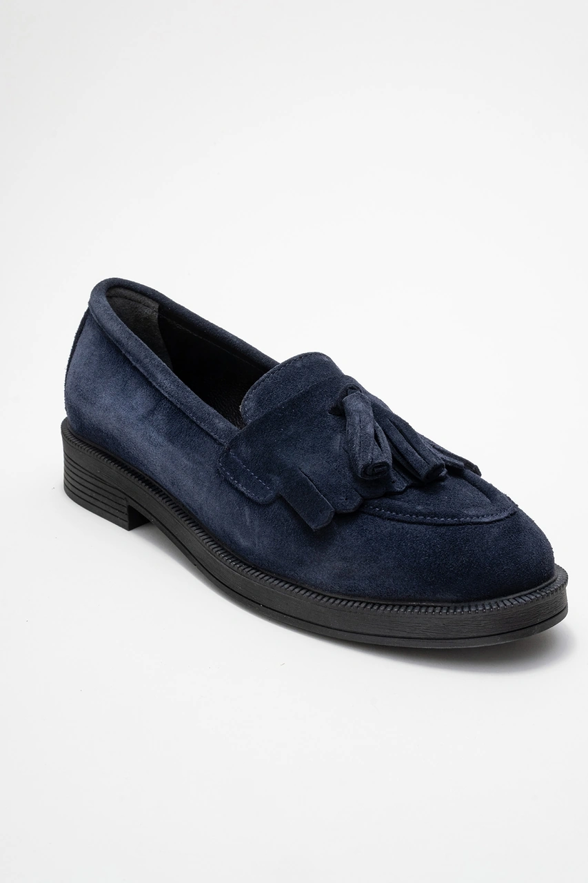 Milina Lacivert Süet Püsküllü Hakiki Deri Kadın Loafer Ayakkabı Lacivert
