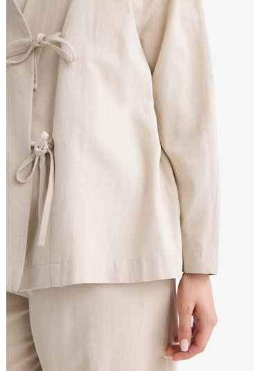 Defacto Regular Fit V Yaka Keten Karışımlı Kimono F7958ax25aubg702 Bej