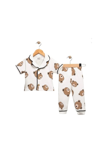 Ayıcık Baskılı Yazlık Pijama Takımı -1163 Beyaz