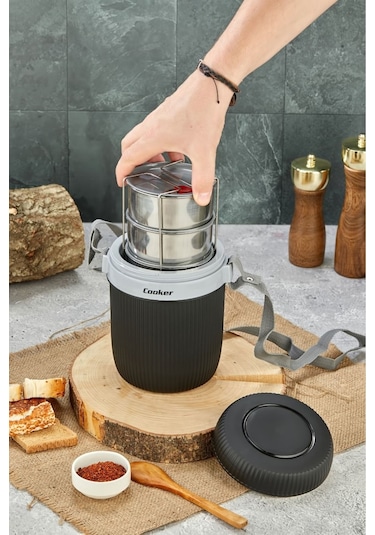 Cooker 3147 Siyah Lüx 1,2 Litre Çelik Hazneli 3'lü Yemek Termosu