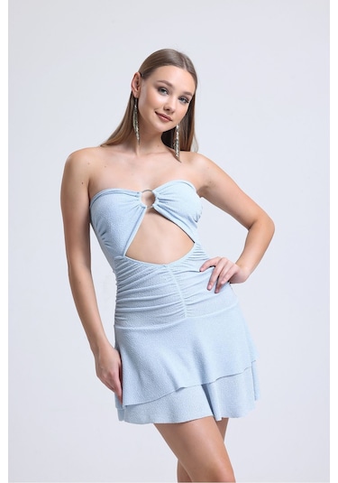 Buz Mavisi Önden Halkalı Bel Kısmı Açık Cift Kat Kloş Etekli Party Elbisesi Buz Mavisi