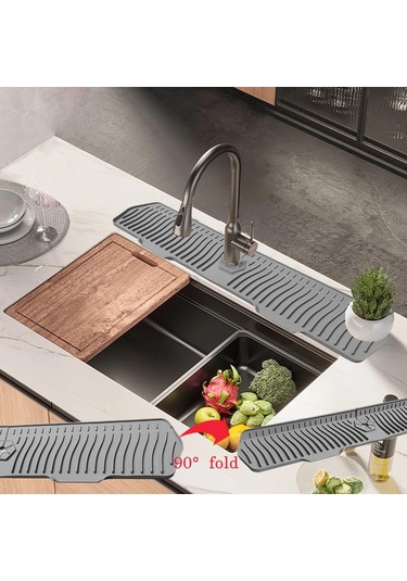 Ximistore9 Gri Silikon Lavabo Matı, Otomatik Su Akışlı Mutfak/ Banyo Musluk Altı Koruyucu, 76cmx15.3cm Kaymazsız Su Toplamama Döşeme Gri
