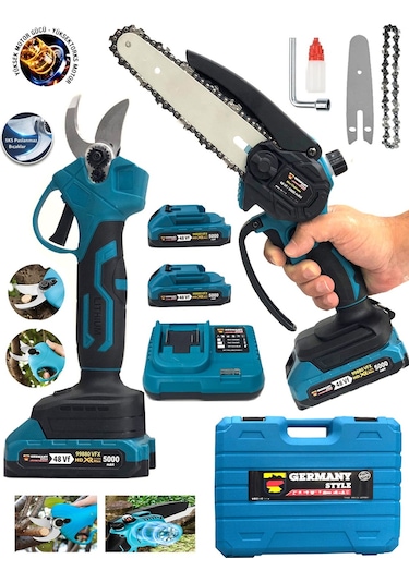 Germany Style GRM-99880 Çift Akülü Şarjlı Ağaç Dal Kesme + Budama Makası Testere 2'li Set