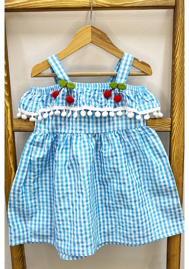 Kız Çocuk Askılı Elbise Dantelli Ekose Desenli B14 Mavi