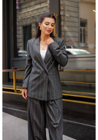 4 Düğmeli Kruvaze Geniş Çizgili Takım Antrasit Antrasit