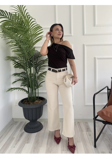 Keymoda Kadın Wide Leg Kemerli Bej Jean