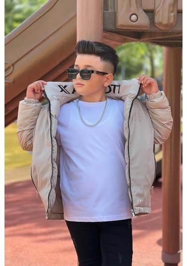 Erkek Çocuk Çıkarılabilir Kapüşonlu Baskılı Yakası Detaylı Kışlık Mont Km3501 Bej