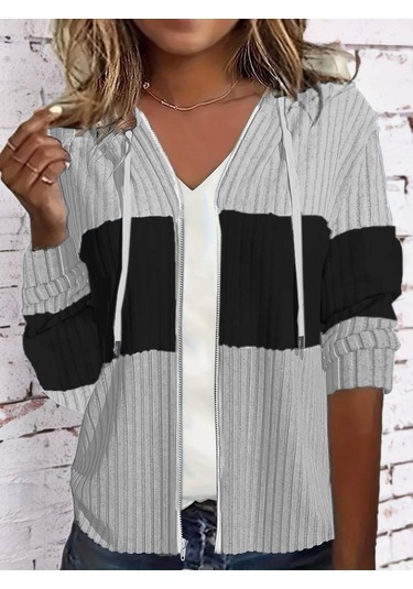 Kadın Uzun Kollu Kapşonlu Önden Fermuarlı Blok Desenli Şardonlu Kaşkorse Ceket Gri