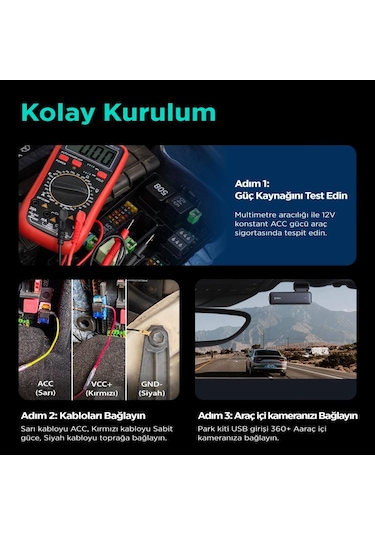 360+ Botslab G300H Pro/HK30 Pro Araç İçi Kamera 24 Saat Park Modu Kiti Akü Bağlantı Kablosu (Micro Usb)