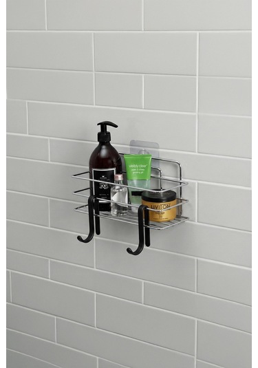 Tekli Krom Yapışkanlı Banyo Rafı + 2 Li Askı Kanca Seti Paslanmaz Metal Duş Şampuanlık Yapıştır/vidala Tş-01 Krom